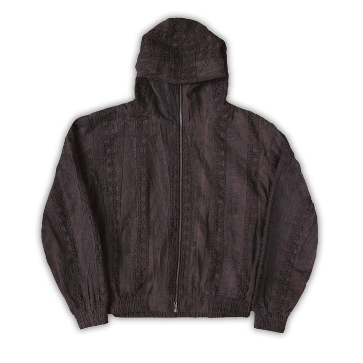 Taupe Striped Crochet Hooded Jacket