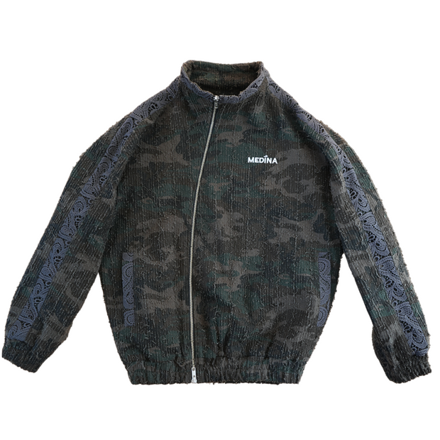 Distressed Dark Camo Asymmetric Jacket