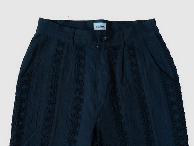 Black Striped Crochet Linen Trousers