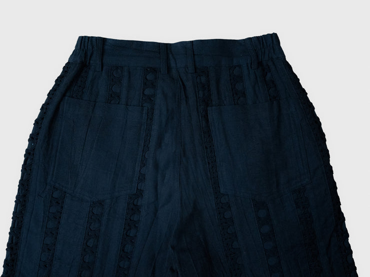 Black Striped Crochet Linen Trousers