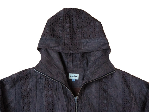 Taupe Striped Crochet Hooded Jacket