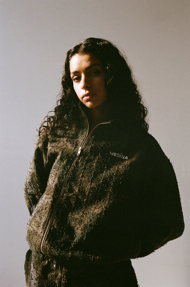 Distressed Dark Camo Asymmetric Jacket