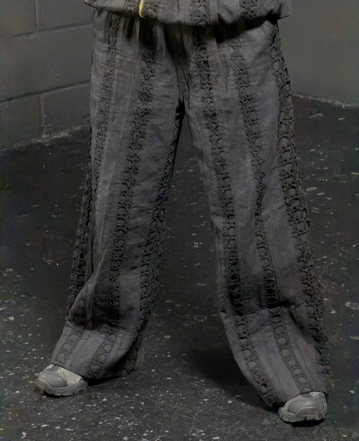 Black Striped Crochet Linen Trousers